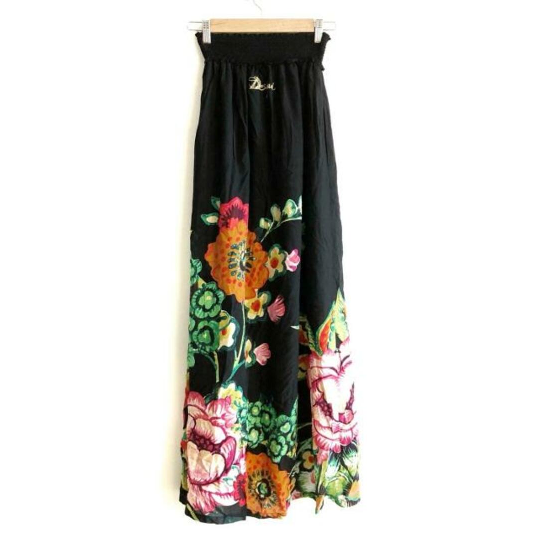 DESIGUAL(デシグアル)のDesigual(デシグアル) ロングスカート サイズ34 S レディース - 黒×オレンジ×マルチ マキシ丈/ウエストゴム/フラワー(花) レディースのスカート(ロングスカート)の商品写真