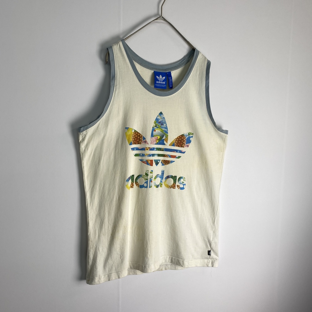 adidas(アディダス)の【アディダス　タンクトップ　ビッグロゴ　センターロゴ　白　水色　古着】 メンズのトップス(タンクトップ)の商品写真