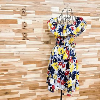 ザラ(ZARA)の【ザラ】花柄 フリル ワンピース リネン×コットン リゾート 海 S 青×黄(ひざ丈ワンピース)