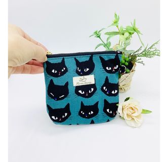 【再販】全6カラー☆ぷっくりポーチ☆黒猫FACE&小花柄（ブルーグリーン）(ポーチ)