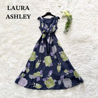 ローラアシュレイ(LAURA ASHLEY)の美品 希少サイズ ローラアシュレイ  ノースリーブワンピース リネン 麻 大花柄(ロングワンピース/マキシワンピース)