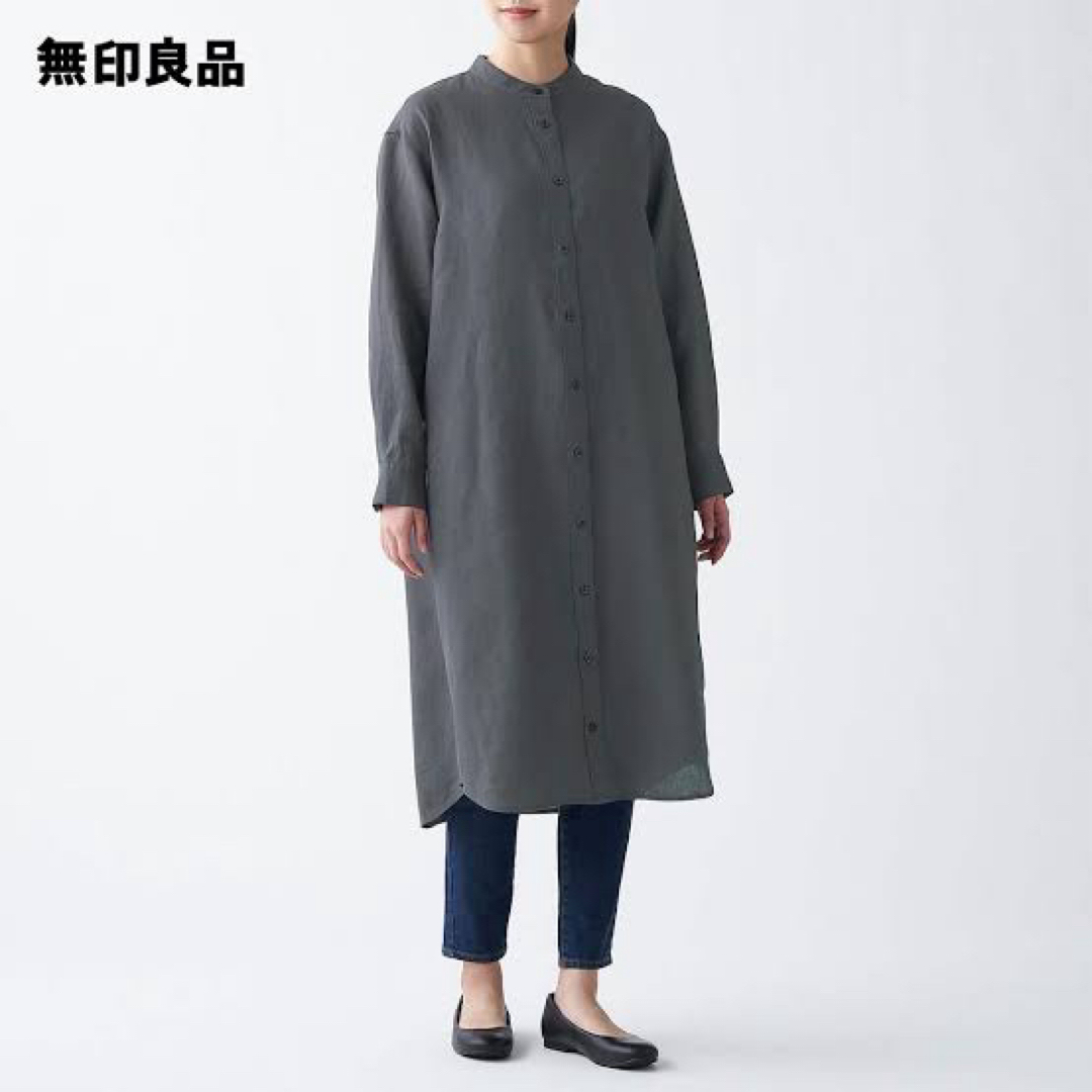 MUJI (無印良品)(ムジルシリョウヒン)の無印良品　フレンチリネン洗いざらしスタンドカラーワンピース L レディースのワンピース(ひざ丈ワンピース)の商品写真