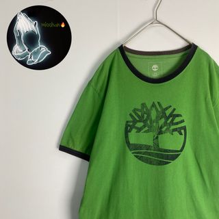 ティンバーランド(Timberland)の【ティンバーランド　リンガーＴシャツ　センターロゴ　ビッグロゴ　緑　黒　古着】(Tシャツ/カットソー(半袖/袖なし))