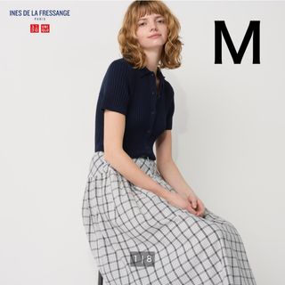 ユニクロ(UNIQLO)のユニクロ　イネス　リブポロカーディガン（半袖）  ネイビー Mサイズ(カーディガン)