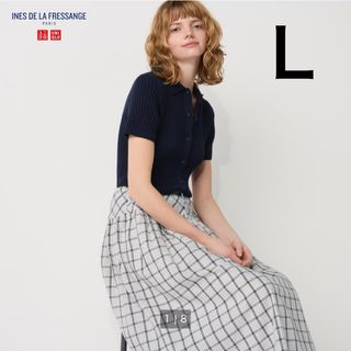 ユニクロ(UNIQLO)のユニクロ　イネス　 リブポロカーディガン（半袖）  ネイビー L(カーディガン)