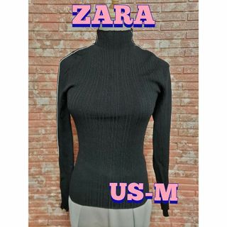 ザラ(ZARA)のZARA ザラ ハイネック リブ 長袖カットソー 黒 US-M(カットソー(長袖/七分))