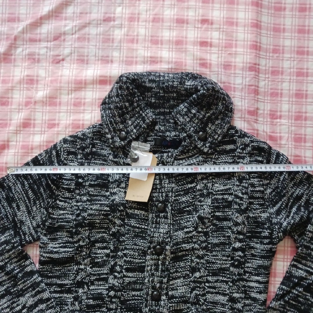 ニット カーディガン ドンキーカラー ケーブル編み ミックスブラック Lサイズ メンズのトップス(カーディガン)の商品写真