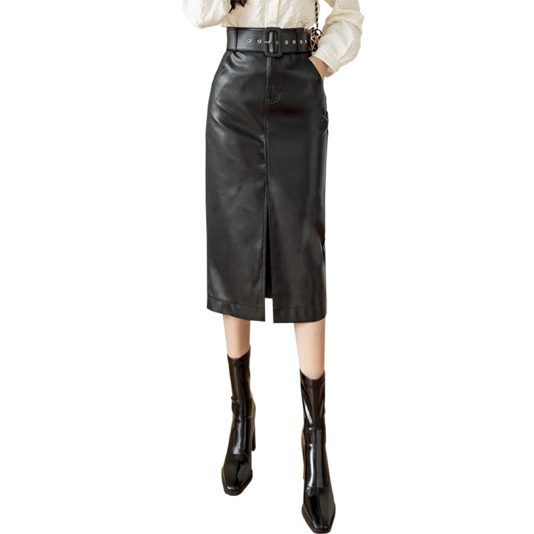 スカート スタイリッシュ 日常使い オフィススタイル ブラック レディースのスカート(ひざ丈スカート)の商品写真