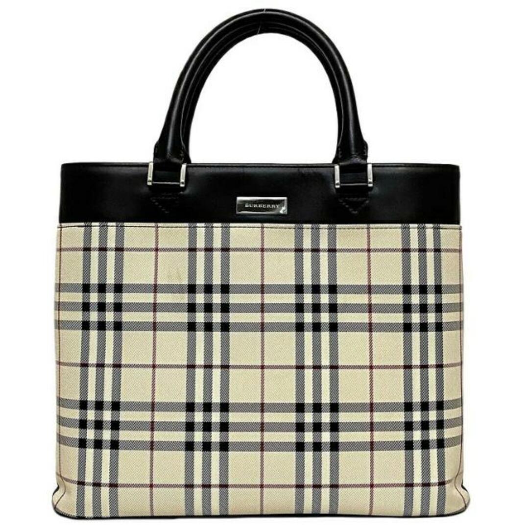 BURBERRY(バーバリー)のバーバリー トートバッグ ベージュ ブラウン ノバチェック 美品 キャンバス レザー 中古 BURBERRY 茶色 軽量 ヴィンテージ 定番 人気 外ポケット有 レディース メンズ コンパートメント ポケット豊富 ロゴ ロゴプレート レディースのバッグ(トートバッグ)の商品写真