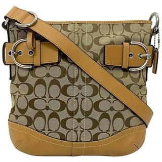 コーチ(COACH)のコーチ ワンショルダーバッグ ベージュ シグネチャー F03574 2way バッグ キャンバス レザー 中古 COACH ハンドバッグ ショルダーバッグ ファスナー ロゴ 総柄 定番 人気 レディース チャーム付 ベルト シルバー金具(ショルダーバッグ)