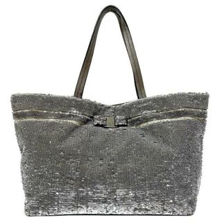 フェラガモ(Ferragamo)のサルヴァトーレ フェラガモ トートバッグ シルバー ゴールド グレー ヴァラ GG-21B645 美品 キャンバス レザー スパンコール 中古 Salvatore Ferragamo リボン ラメ 軽量 ホログラム 肩掛け マグネット(トートバッグ)