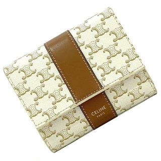 セリーヌ(celine)のセリーヌ 三つ折り 財布 トリフォールド ホワイト ブラウン トリオンフ 10D57 2BZ9 01TA 美品 PVC レザー 中古 CELINE ロゴ 総柄 マカダム コンパクト ミニ ウォレット 定番 人気 レディース 三つ折り財布(財布)