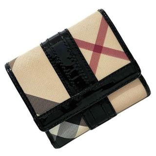 バーバリー(BURBERRY)のバーバリー Wホック 財布 ベージュ ブラック チェック 美品 ダブル PVC パテント レザー 中古 BURBERRY 二つ折り フラップ ホック コンパクト ミニ 定番 人気 女性 レディース 高級感 上品 オシャレ エレガンス(財布)