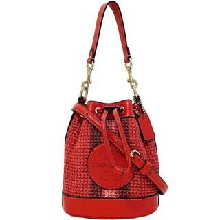 コーチ(COACH)のコーチ 巾着 2way バッグ レッド ゴールド デンプシー C9955 未使用 美品 レザー ストロー Sランク COACH 赤 ポシェット ショルダーバッグ ミニバッグ 肩掛け ミニバケット 編み込み ロゴ 人気 ゴールド金具(ショルダーバッグ)