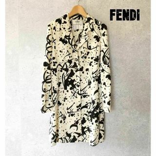 フェンディ(FENDI)の美品 FENDI 総柄 シルク100％ ロング丈 長袖 シャツ ブラウス(シャツ/ブラウス(長袖/七分))