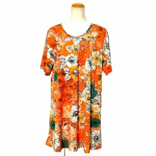 3L(2XL)花柄チュニック　ゆったり大きいストレッチ オレンジ 新品3013(チュニック)