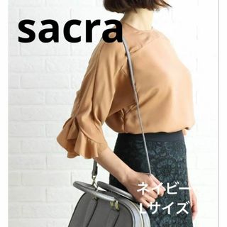 サクラ(SACRA)の未使用タグ付き sacra⭐︎サクラ⭐︎袖フリルブラウス⭐︎ネイビー⭐︎紺⭐︎L(カットソー(長袖/七分))