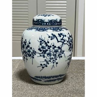 中国風 呉須白梅飾壺 蓋 古物 骨董 古美術 花器 花立 花生 茶壷(陶芸)