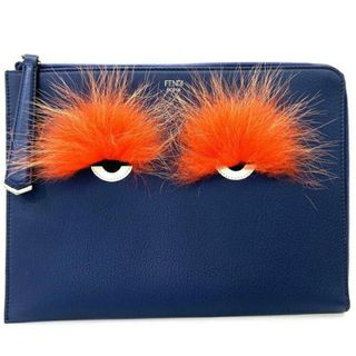 フェンディ(FENDI)のフェンディ クラッチバッグ ネイビー 赤 モンスター 8M0363-41D Ｌ字ファスナー 箱付 レザー 中古 FENDI 鞄 ファー 本革 ブランド メンズ レディース 男女兼用 ファスナー開閉 プレゼント 美品 定番 人気 紺色(クラッチバッグ)