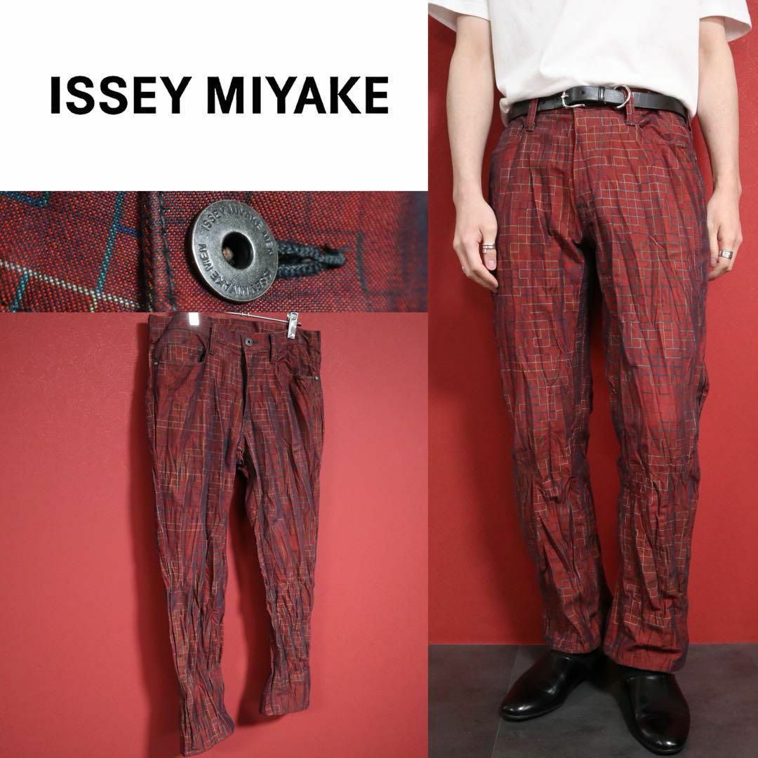 ISSEY MIYAKE(イッセイミヤケ)の【極美品】ISSEY MIYAKE レッド シワ加工 総柄 デザイン パンツ メンズのパンツ(その他)の商品写真