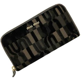 ミュウミュウ(miumiu)のミュウミュウ ラウンドファスナー 長財布 ブラウン 5M0506 美品 ジャカード レザー コットン 中古 miu miu 財布 ファスナー ロゴ 総柄 レア 人気 レディース ロングウォレット 女性 ラウンドファスナー長財布 本革 革(財布)