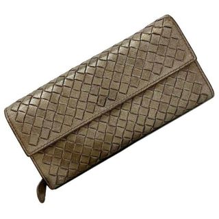 ボッテガヴェネタ(Bottega Veneta)のボッテガヴェネタ 二つ折り 長財布 ブラウン メタリック イントレチャート 財布 レザー 中古 BOTTEGA VENETA フラップ ホック 小銭入れ有 ヴィンテージ 編み込み ファスナー シルバー 定番 人気 女性 レディース(財布)