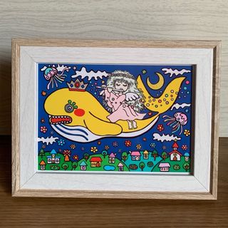 フレーム付き★貼り絵★イラスト【天使とクジラの王様】(アート/写真)