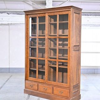 葉山ガーデン 30万「120書棚」オーク無垢材 食器棚 引き戸 ブックシェルフ カップボード カントリー ナチュラル ディスプレイ 重厚感【中古家具/中古インテリア/USED家具ユーズド家具/リサイクル】(棚/ラック/タンス)