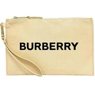 バーバリー(BURBERRY)のバーバリー クラッチバッグ クリーム ベージュ ゴールド 99350113489 未使用 美品 キャンバス レザー GP Sランク BURBERRY ファスナー ストラップ 軽い 布地 ロゴ プリント シンプル 男女兼用 ポーチ(クラッチバッグ)