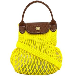 LONGCHAMP - ロンシャン ミニ ショルダー バッグ イエロー ブラウン プリアージュ 美品 コットン レザー 中古 LONGCHAMP メッシュ 網 編み込み 斜め掛け 肩掛け 定番 人気 黄色 茶色 ミニバッグ コンパクト お洒落 高級感 上品