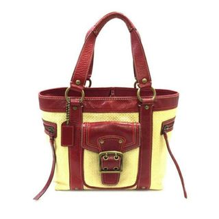 コーチ(COACH)のコーチ カゴバッグ ベージュ 赤 レッド Ｍ05Ｋ-113 トートバッグ ストロー キャンバス レザー 中古 COACH 女性 レディース 人気 定番 オシャレ ハンドバッグ ポケット豊富 無地 シンプル ライン ゴールド金具(ハンドバッグ)