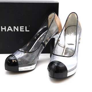 シャネル(CHANEL)のCHANEL シャネル CC PVC Clear Platform Shoes クリアパンプス シルバー×ブラック×ベージュ 37(ハイヒール/パンプス)