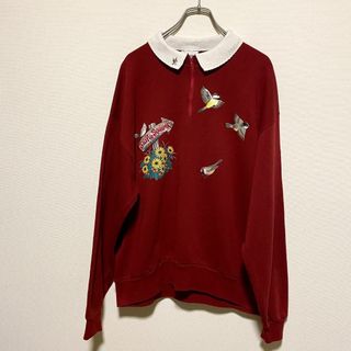 ヴィンテージ(VINTAGE)のアメリカ古着　90s 鳥　アニマル　刺繍　トレーナー　スウェット　襟付き　R54(トレーナー/スウェット)