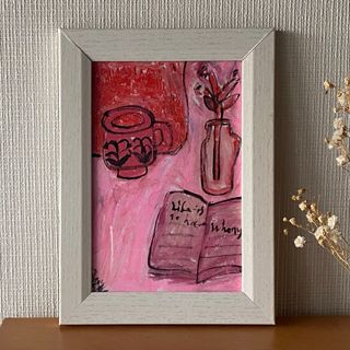 絵画。原画【ピンクの世界の花、本とコーヒー】(絵画/タペストリー)