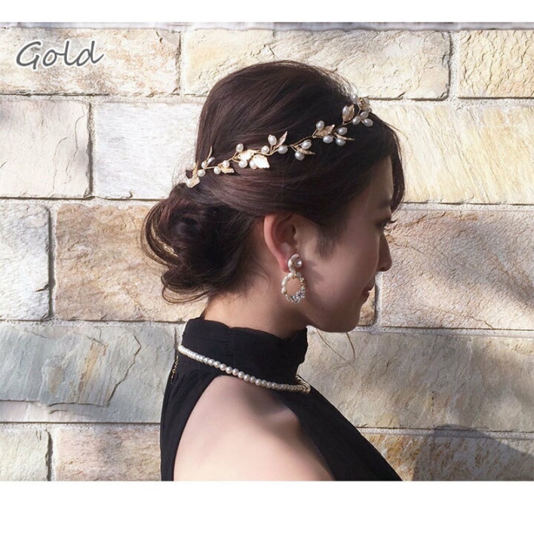 新品☆ ブライダル ヘッドドレス リーフ パール ウェディング 結婚式 ゴールド レディースのヘアアクセサリー(その他)の商品写真