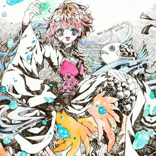 手描きイラスト オリジナル 人魚 ミニ色紙/お迎えが決まりました(アート/写真)