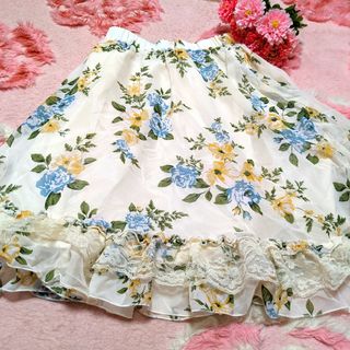 アクシーズファム(axes femme)のaxes femme❤白♥花柄♥シフォン♥レース＆フリル♥フリフリ♥おしとやか(ひざ丈スカート)