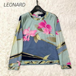 レオナール(LEONARD)のLEONARD カットソー　花柄　トリム　シルク100 長袖　サイズ38(カットソー(長袖/七分))