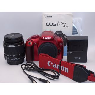 【外観特上級】Canon デジタル一眼レフカメラ EOS Kiss X50 レンズキット EF-S18-55mm IsII付属 レッド KISSX50RE-1855IS2LK(デジタル一眼)