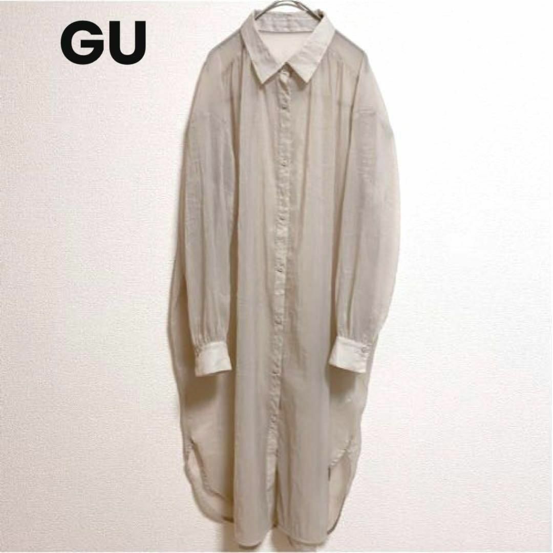 GU(ジーユー)のst197 GU シアーシャツワンピース ロングワンピース 長袖 ベージュ レディースのワンピース(ロングワンピース/マキシワンピース)の商品写真