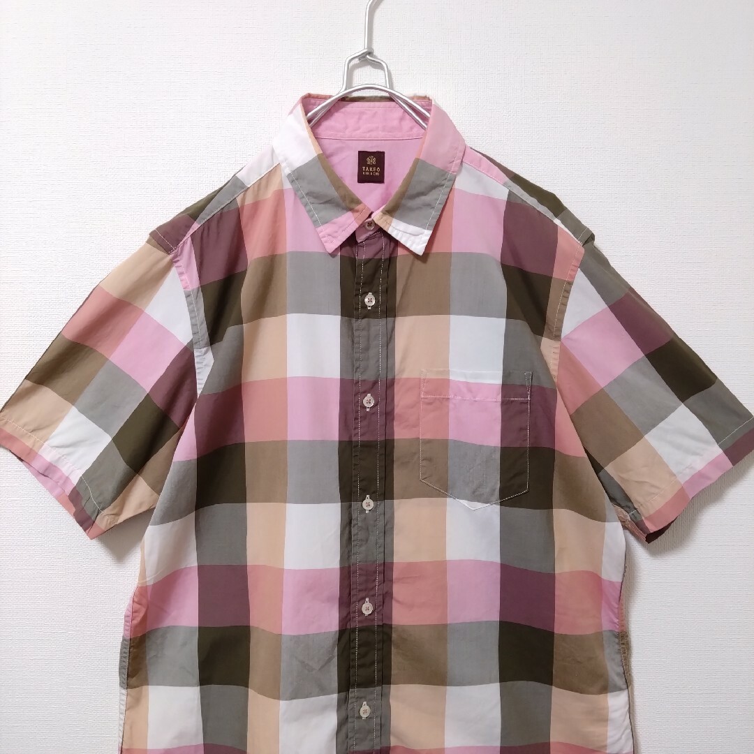 TAKEO KIKUCHI(タケオキクチ)のシャツ　メンズ　古着　チェック　ブロック　タケオキクチ　半袖　ピンク　夏　L メンズのトップス(シャツ)の商品写真