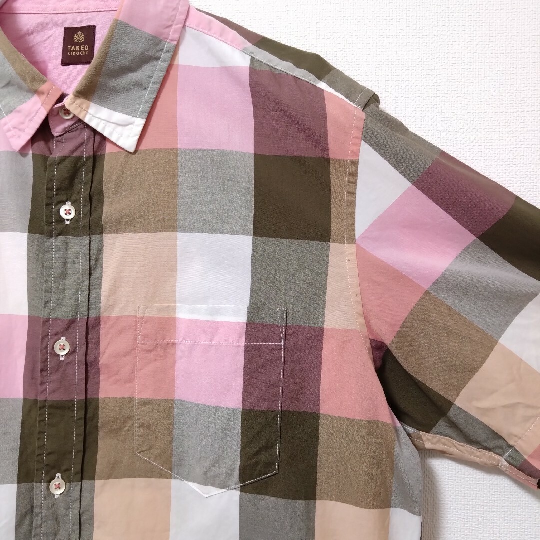 TAKEO KIKUCHI(タケオキクチ)のシャツ　メンズ　古着　チェック　ブロック　タケオキクチ　半袖　ピンク　夏　L メンズのトップス(シャツ)の商品写真