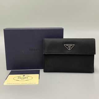 プラダ(PRADA)の極上 美品 箱 カード付 PRADA プラダ 三角ロゴ 金具 ナイロン サフィアーノレザー 本革 二つ折り 財布 ミニ ウォレット ブラック 23889(財布)