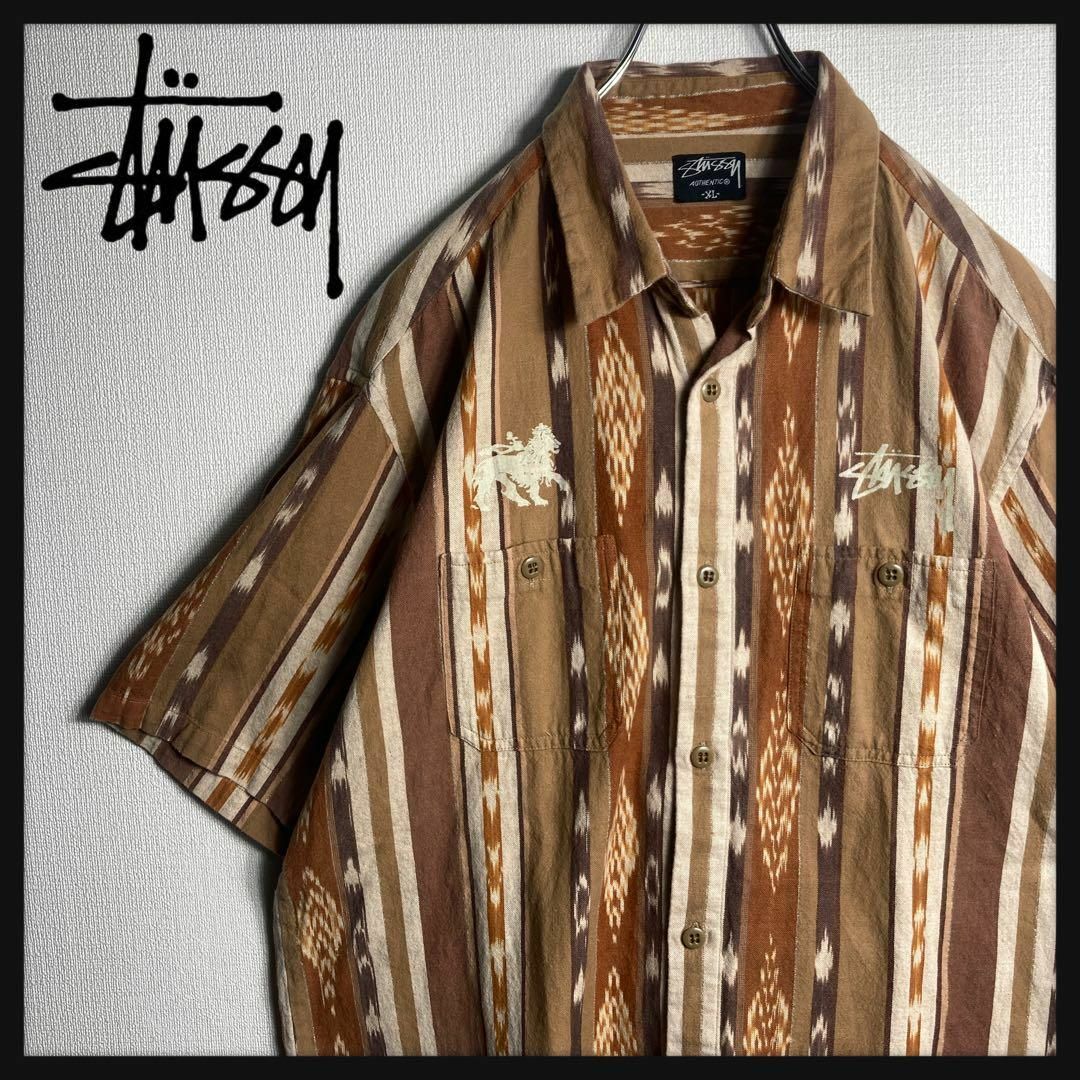 STUSSY(ステューシー)の【希少XLサイズ】ステューシー　ワンポイントロゴ　半袖シャツ　エスニック　総柄 メンズのトップス(シャツ)の商品写真