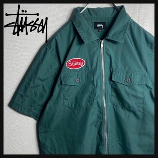 ステューシー(STUSSY)の【美品】ステューシー　刺繍ロゴ　フルジップ　半袖シャツ　ワークシャツ　L(シャツ)