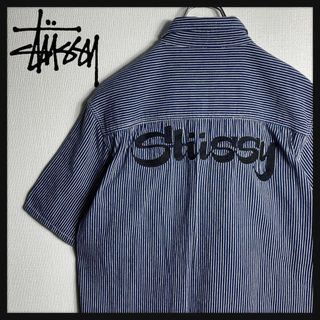 ステューシー(STUSSY)の【美品】ステューシー　ビッグロゴ　刺繍　半袖BDシャツ　胸ポケット　ストライプ(シャツ)