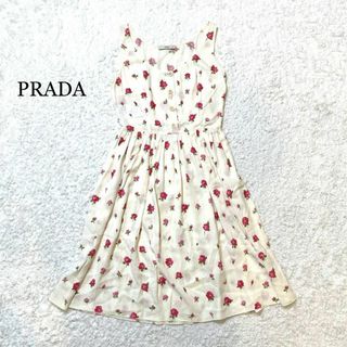 プラダ(PRADA)の【極美品】PRADA プラダ 花柄 ワンピース Aライン アイボリー 白　ピンク(ひざ丈ワンピース)