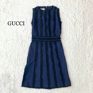 グッチ(Gucci)の【未使用級】GUCCI グッチ レース ワンピース ドレス フリル ネイビー S(ひざ丈ワンピース)