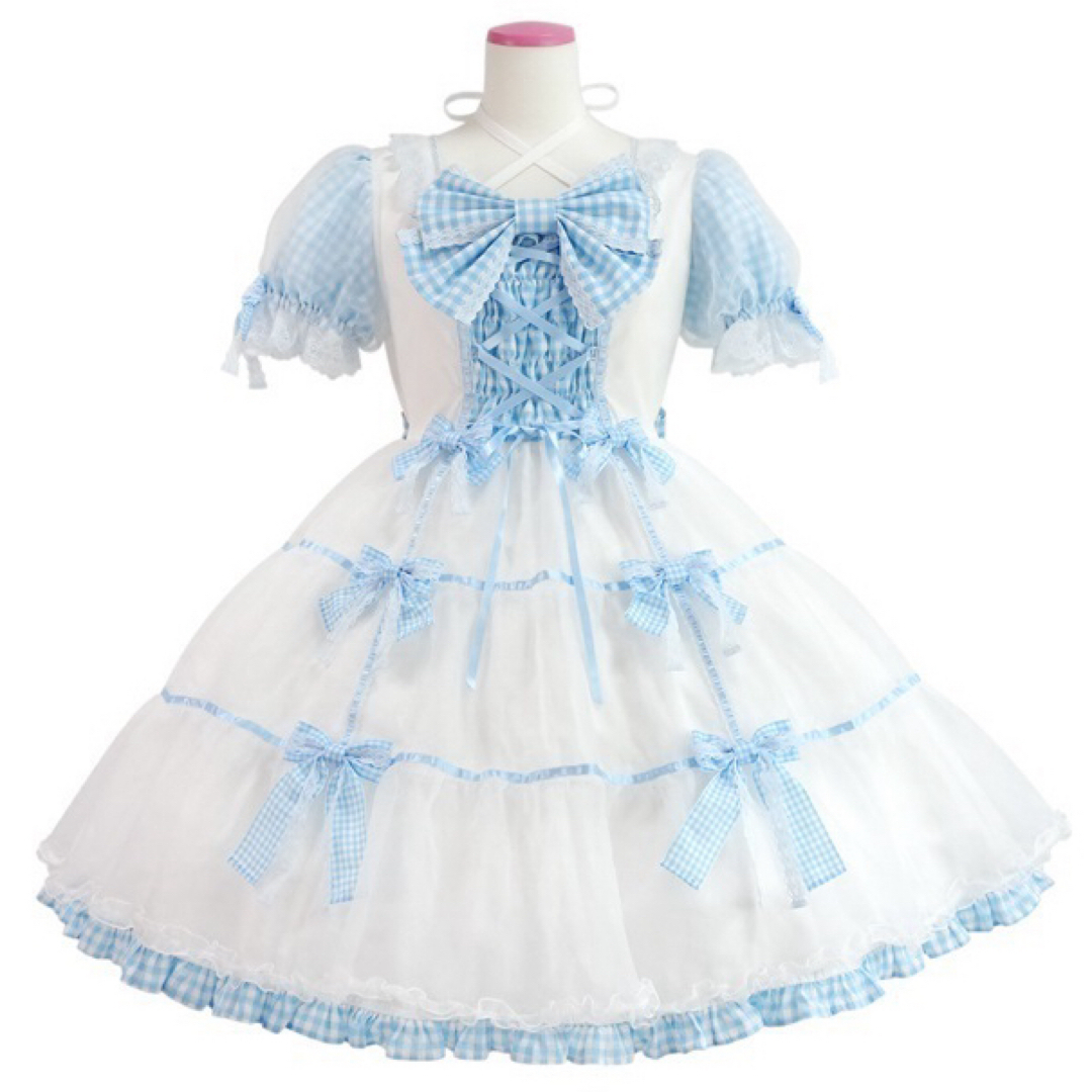 Angelic Pretty(アンジェリックプリティー)のpuffギンガム ワンピース シロ サックス Angelic Pretty レディースのワンピース(ひざ丈ワンピース)の商品写真