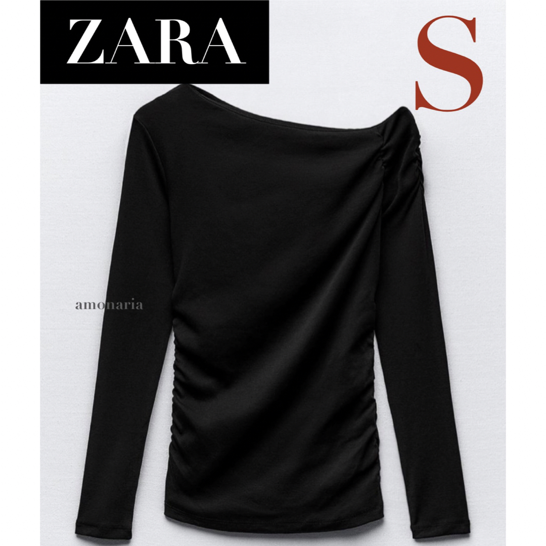 ZARA(ザラ)の【4/25まで限定出品＊新品】ZARA ギャザーTシャツ　アシンメトリートップス レディースのトップス(Tシャツ(長袖/七分))の商品写真